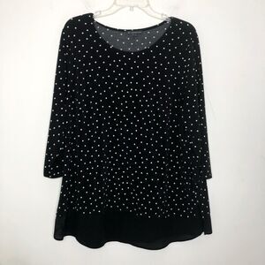 Adrianna Papell Black & White Scoop Neck Polka Dot Stretch 3/4 Sleeve Blouse 1X